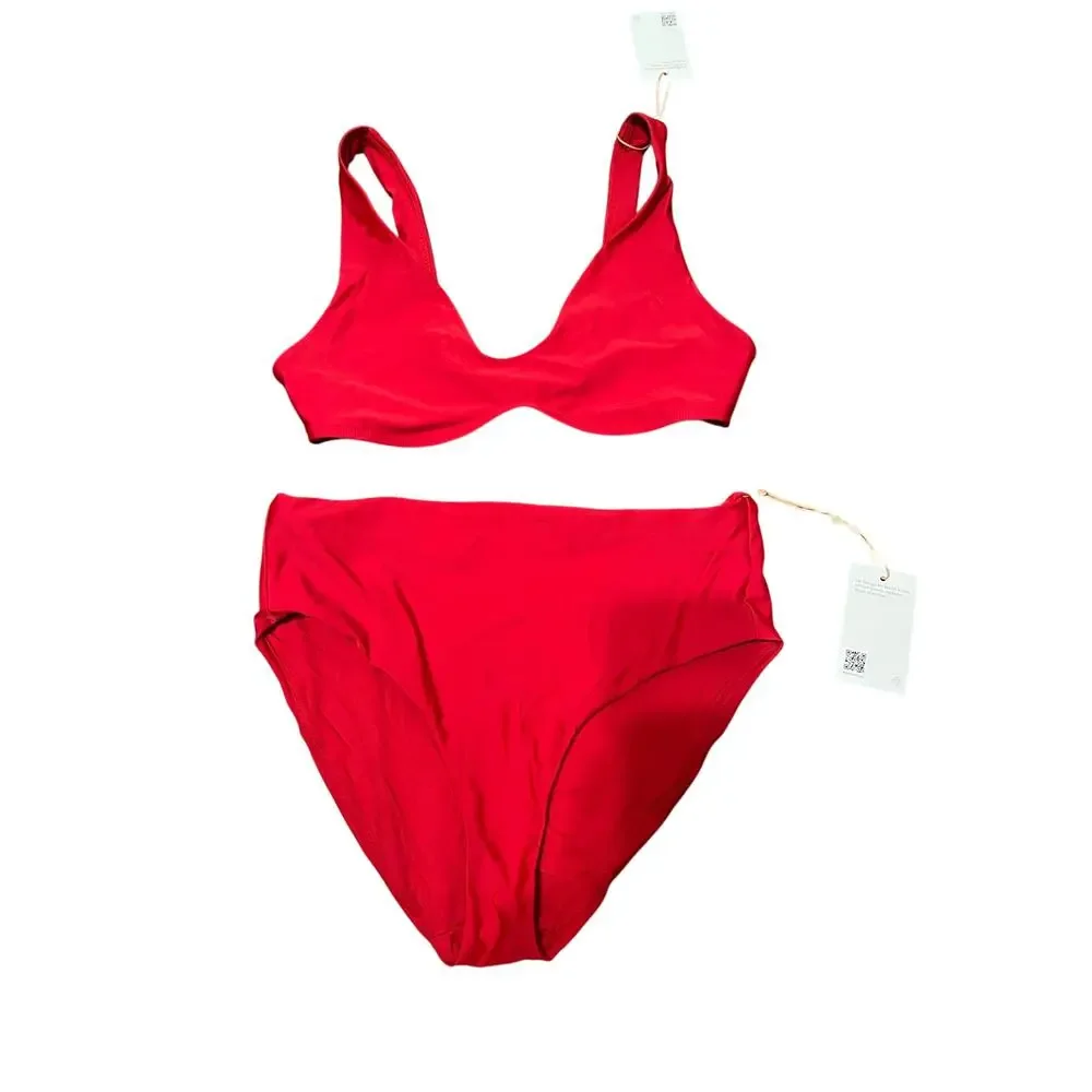 Quince Italian High Rise Bikini Bottom and Plunge Bikini Top Cherry Red Size L